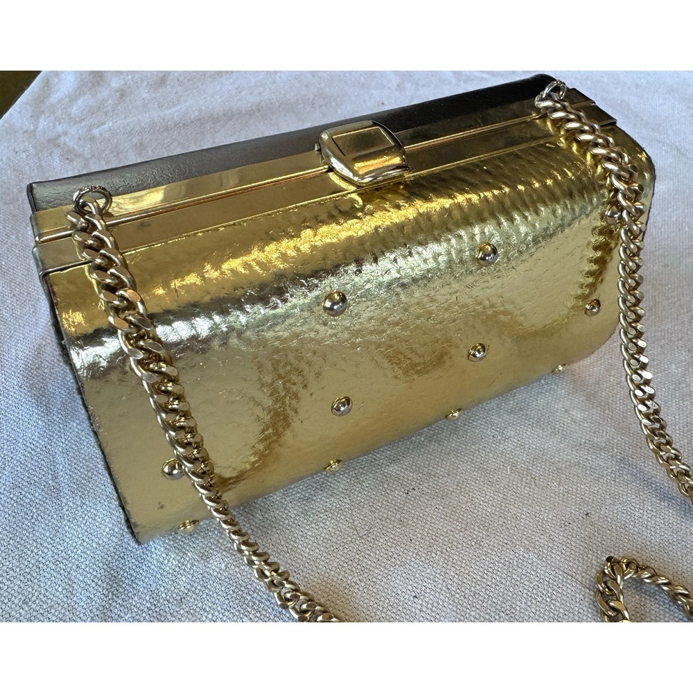 Two-Tone Gold Silver/ Bronze Hard Case Purse 22" Chain 1960s Made in Japan